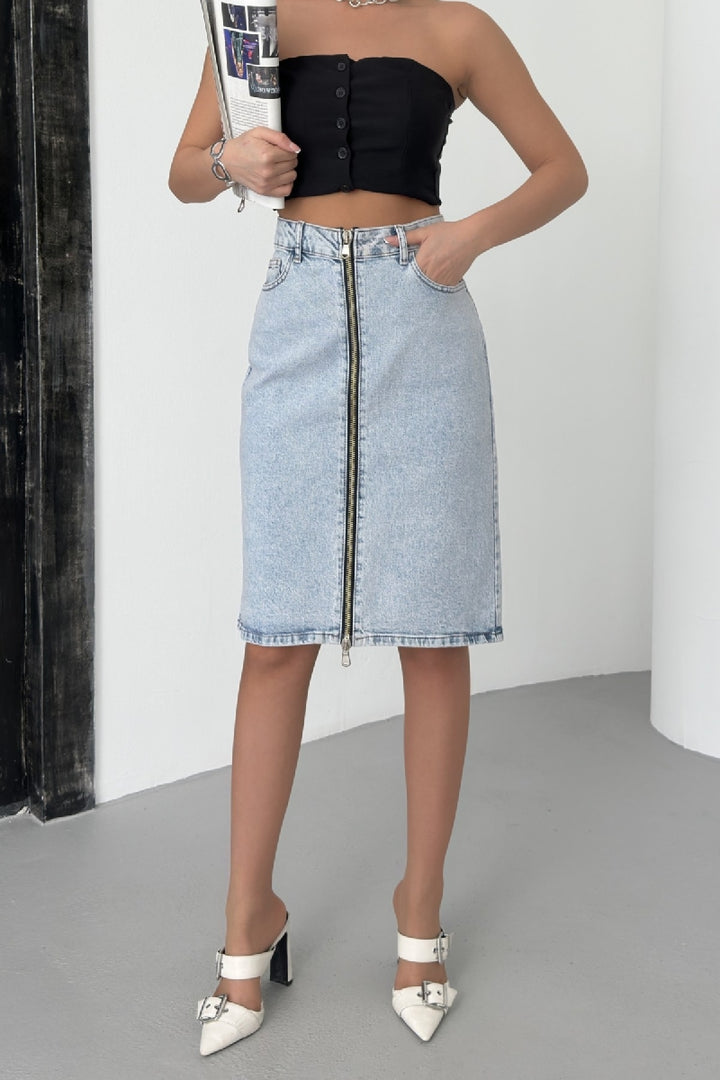 XLJ Medium Length Denim Skirt with Zippers on Double Side Mixed - Cairns