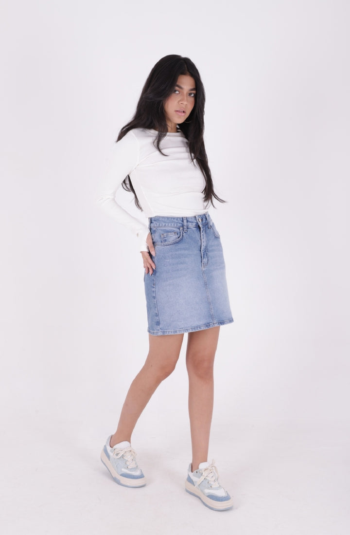 XLJ Short Length Denim Skirt with Stitched Hem Mixed - Lancaster