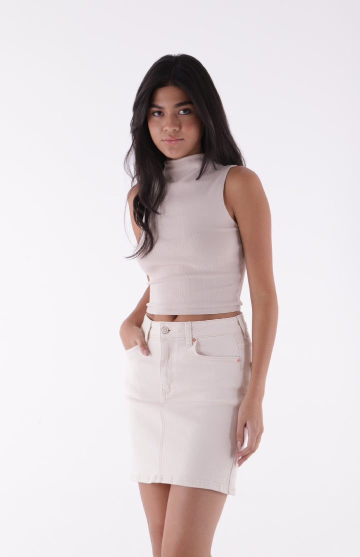 XLJ Short Length Denim Skirt with Stitched Hem Mixed - Cork