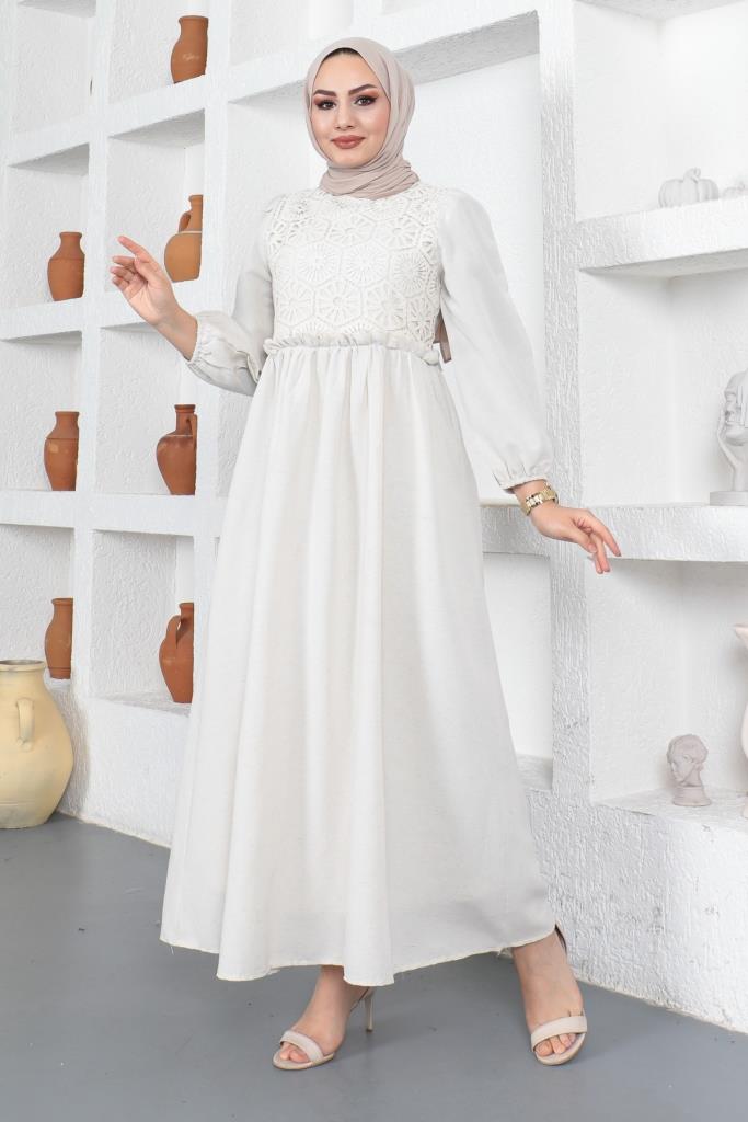 BNG Women Stone Color Linen Hijab Dress with Lace Detail - Clermont