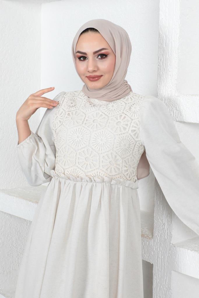 BNG Women Stone Color Linen Hijab Dress with Lace Detail - Clermont