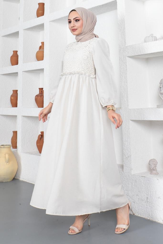 BNG Women Stone Color Linen Hijab Dress with Lace Detail - Clermont