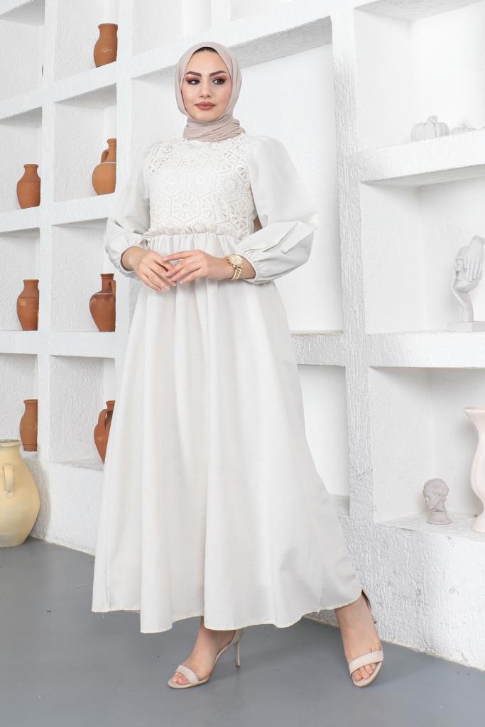 BNG Women Stone Color Linen Hijab Dress with Lace Detail - Clermont