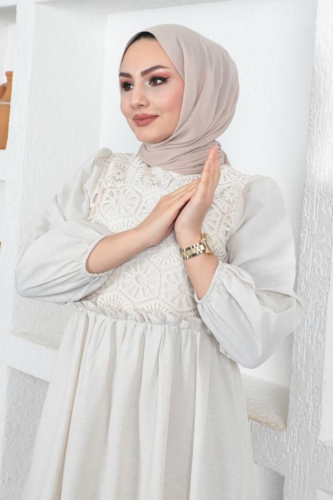 BNG Women Stone Color Linen Hijab Dress with Lace Detail - Clermont