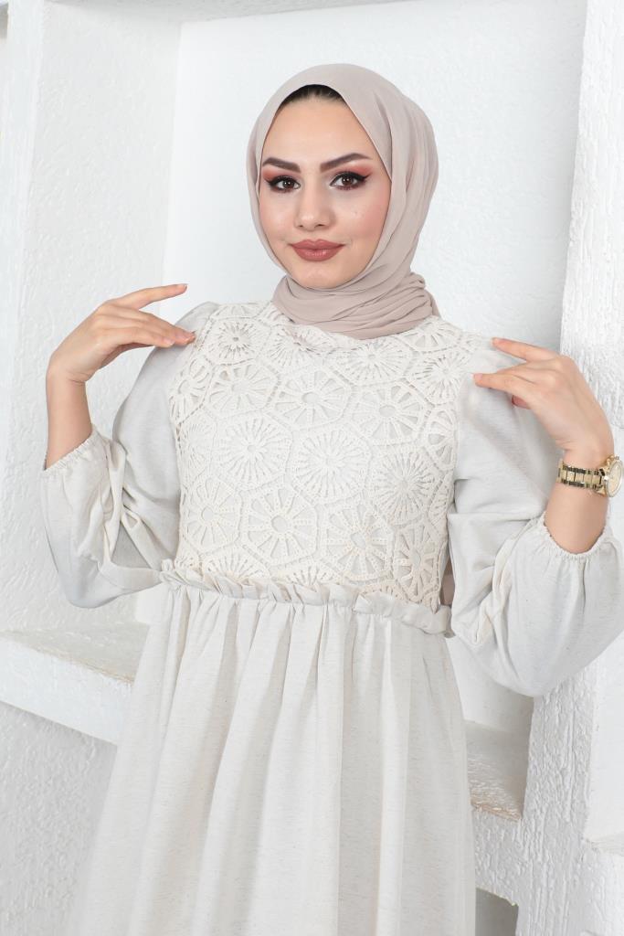 BNG Women Stone Color Linen Hijab Dress with Lace Detail - Clermont