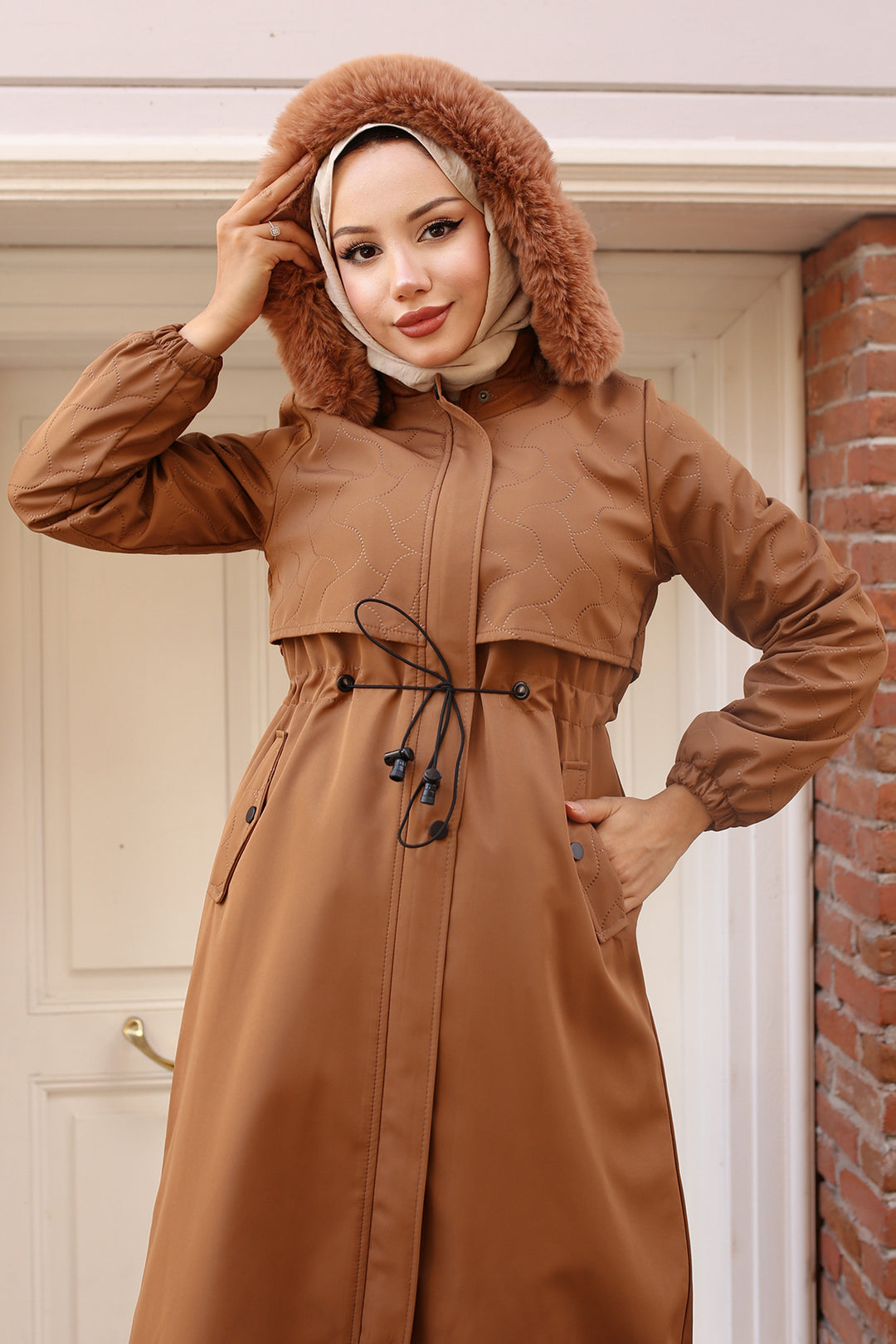 BNG Women Bonded Coat with Plush Lining and Fur Collar Tabacco - Hartford