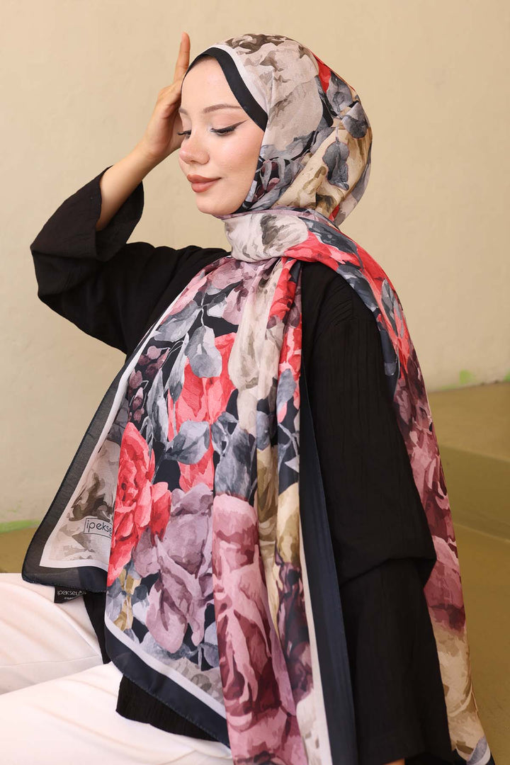 BNG Women Patterned Scarf Black-Red İpk111 - Lerma