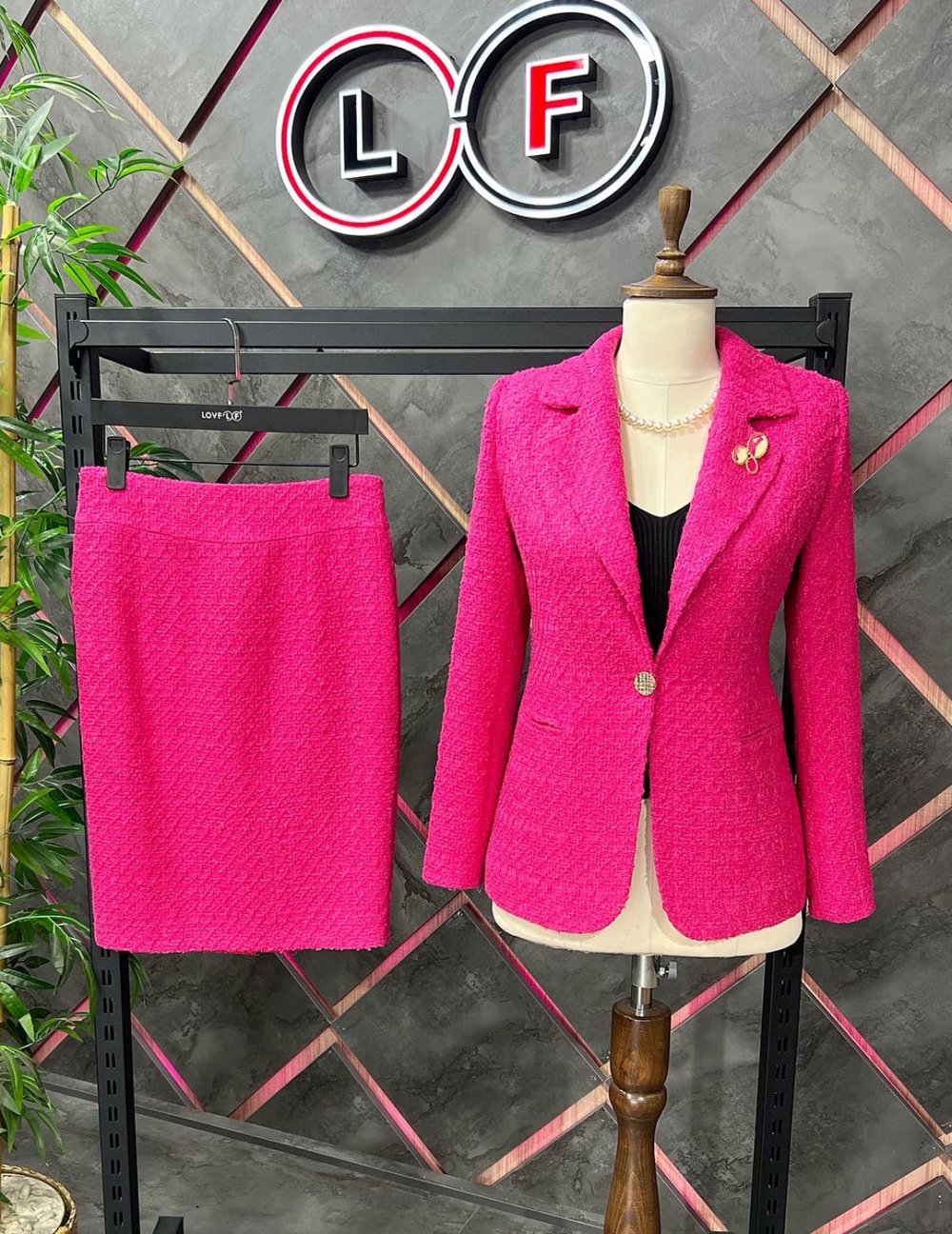 NDL Women Fuchsia Women's Suit with Brooch Knit Fabric Skirt - Six-Fours-les-Plages