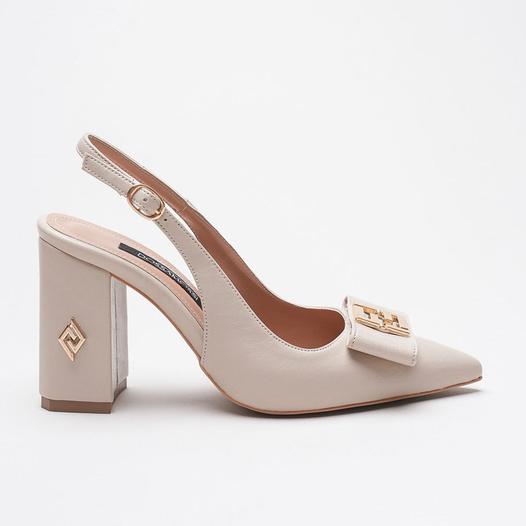 DSM Stevın Cream Skin Gold Buckle Detailed Thick Heel Women's Shoe - Savannah