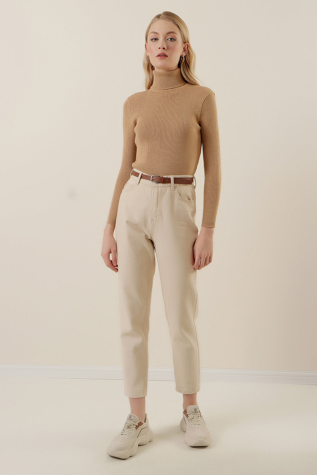 BGD Women Fisherman Collar Ribbed Sweater - Beige - Avondale