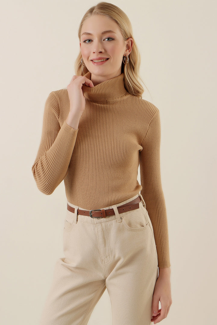 BGD Women Fisherman Collar Ribbed Sweater - Beige - Avondale