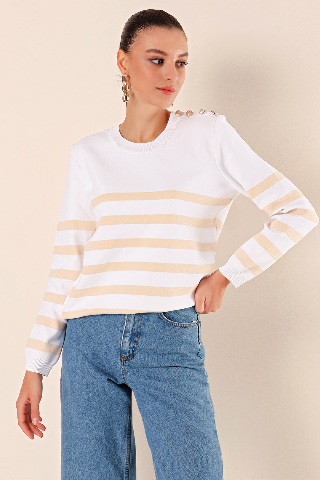 BGD Women Button Detail Striped Sweater - Light Beige - Avondale