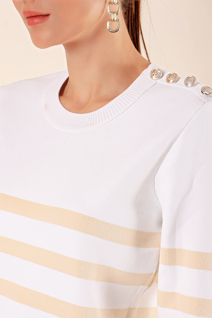 BGD Women Button Detail Striped Sweater - Light Beige - Avondale