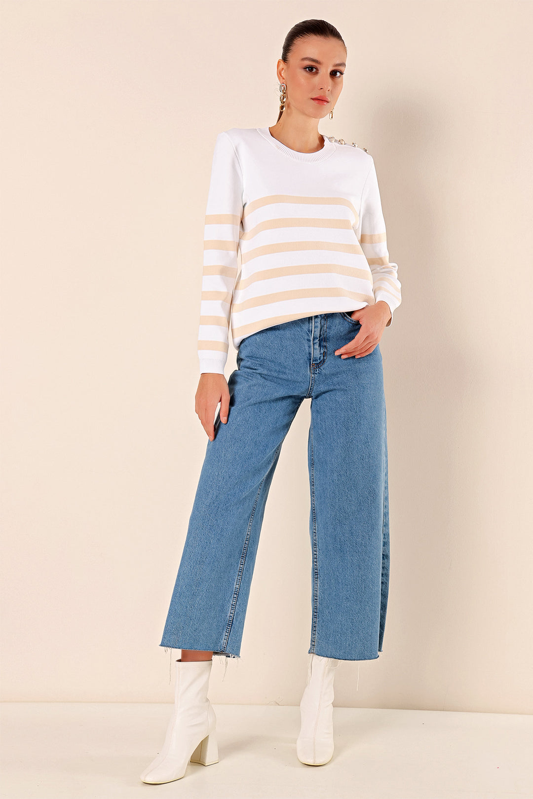 BGD Women Button Detail Striped Sweater - Light Beige - Avondale