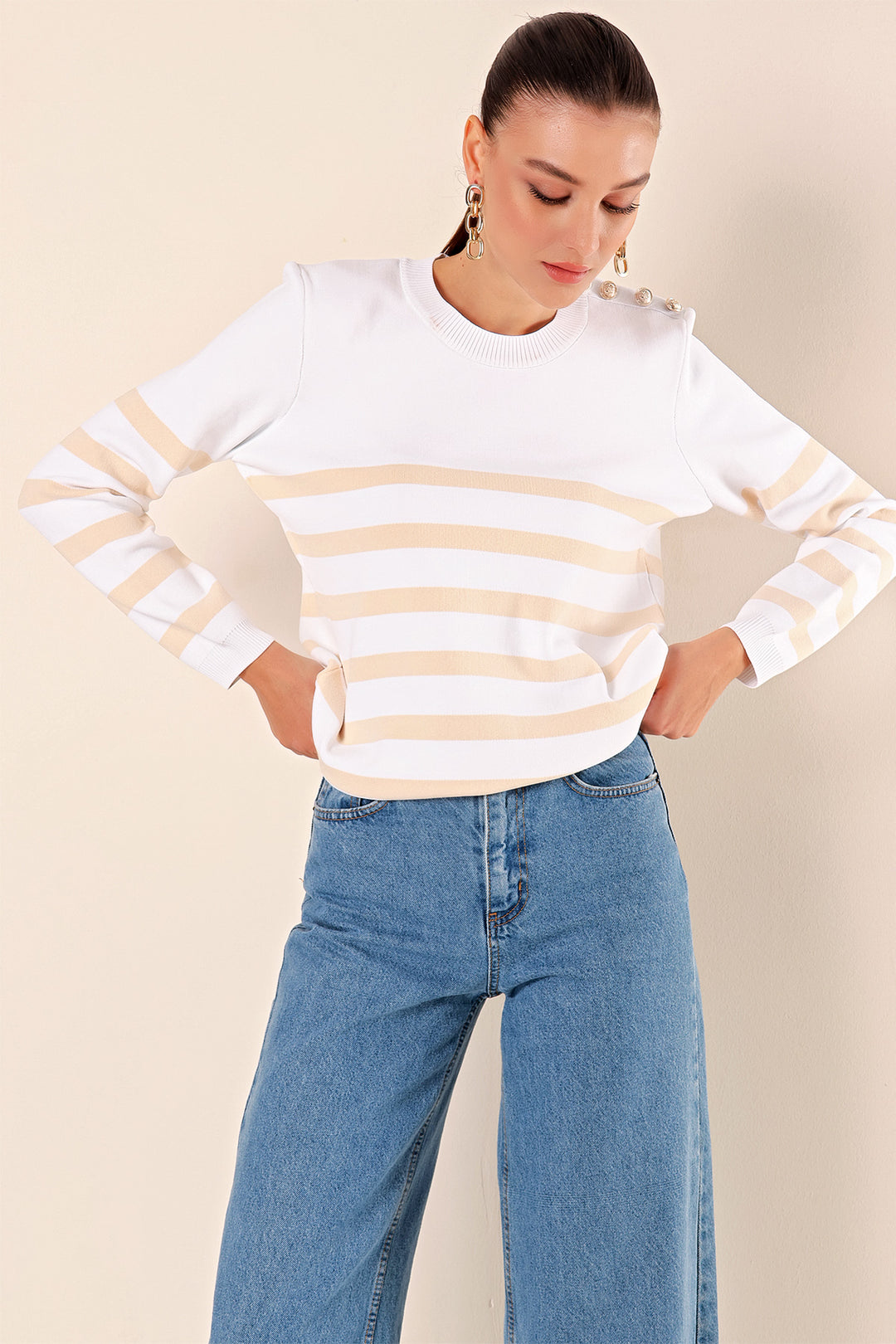 BGD Women Button Detail Striped Sweater - Light Beige - Avondale