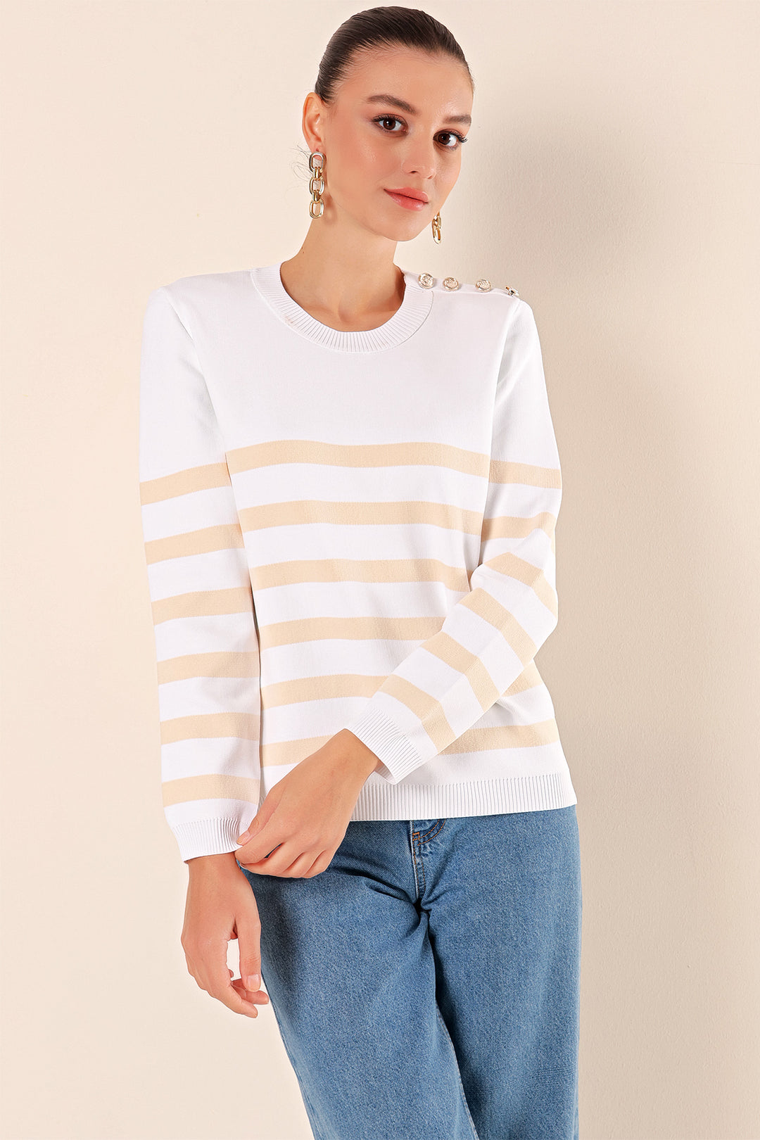 BGD Women Button Detail Striped Sweater - Light Beige - Avondale