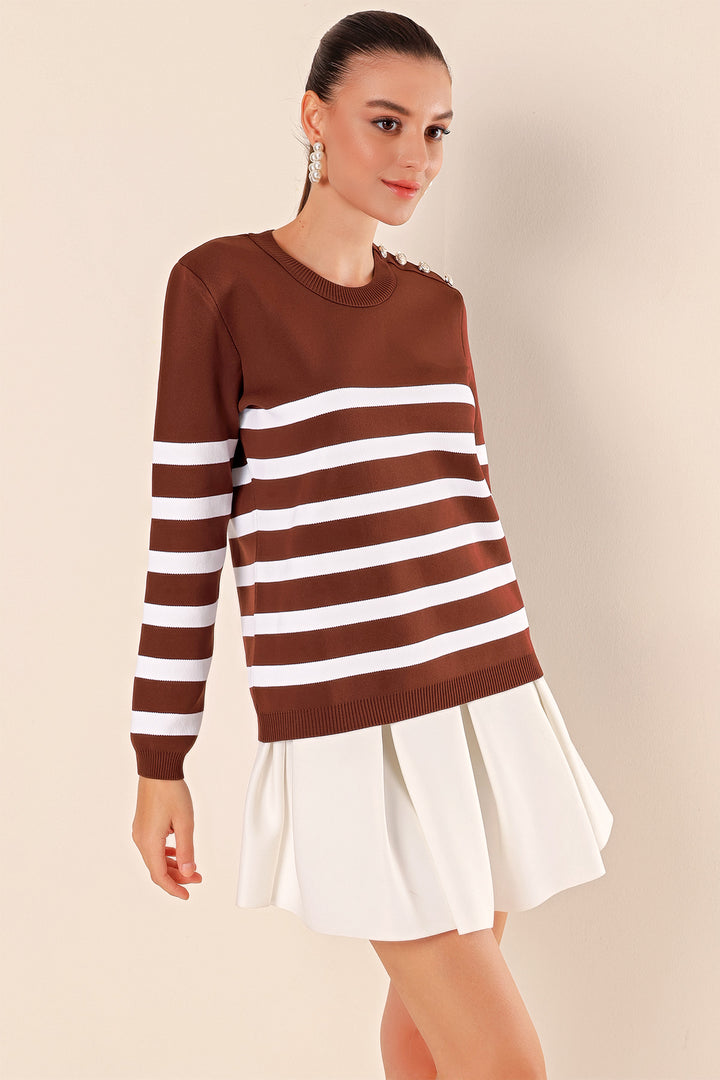 BGD Women Button Detail Striped Sweater - Brown - Avondale