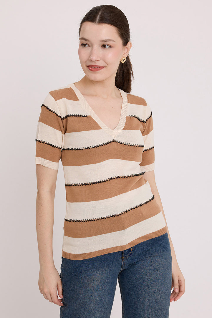 BGD Women Woman Biscuit Cream Striped Short Sleeve Blouse 15869 - Avondale