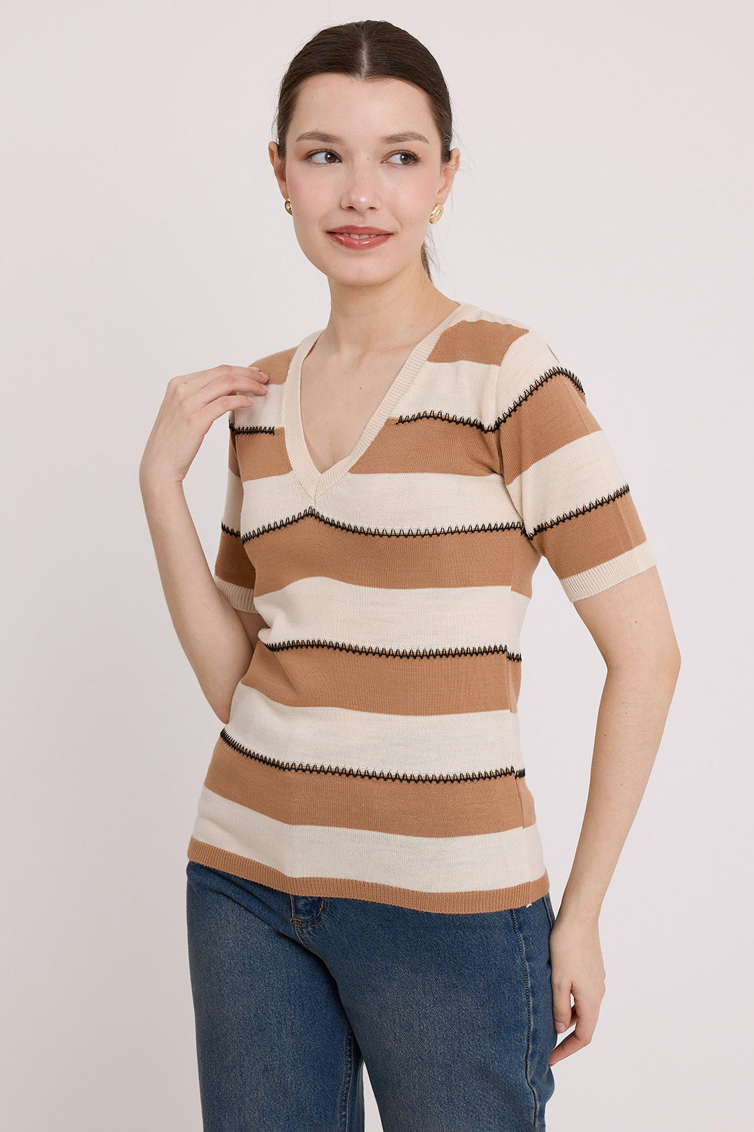 BGD Women Woman Biscuit Cream Striped Short Sleeve Blouse 15869 - Avondale