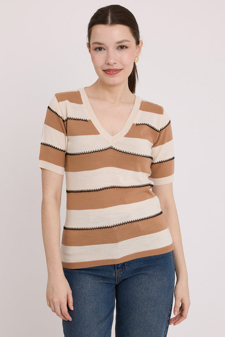 BGD Women Woman Biscuit Cream Striped Short Sleeve Blouse 15869 - Avondale