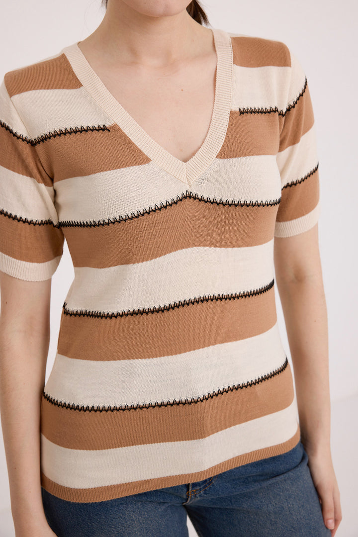 BGD Women Woman Biscuit Cream Striped Short Sleeve Blouse 15869 - Avondale