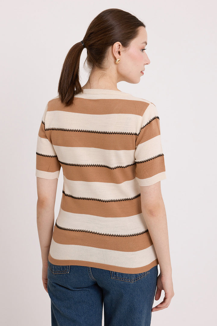 BGD Women Woman Biscuit Cream Striped Short Sleeve Blouse 15869 - Avondale