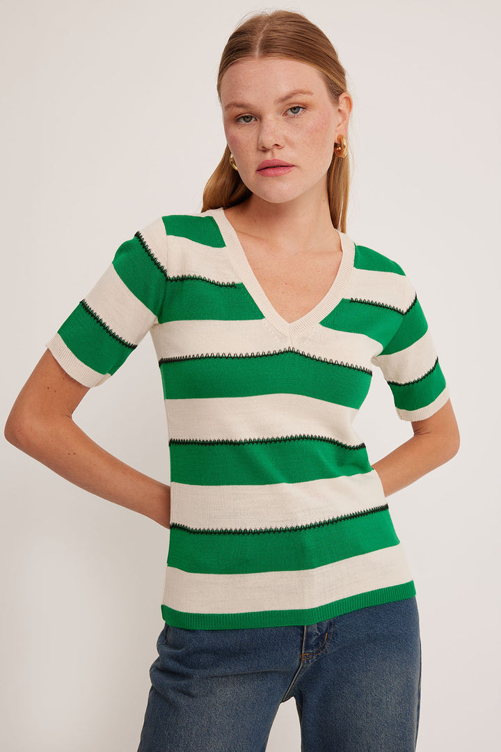 BGD Women Women's V-Neck Green White Striped Blouse 15869 - Avondale