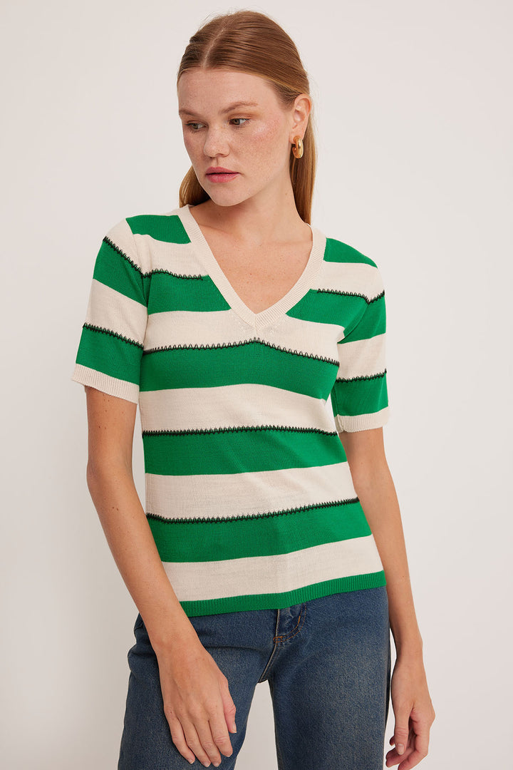 BGD Women Women's V-Neck Green White Striped Blouse 15869 - Avondale