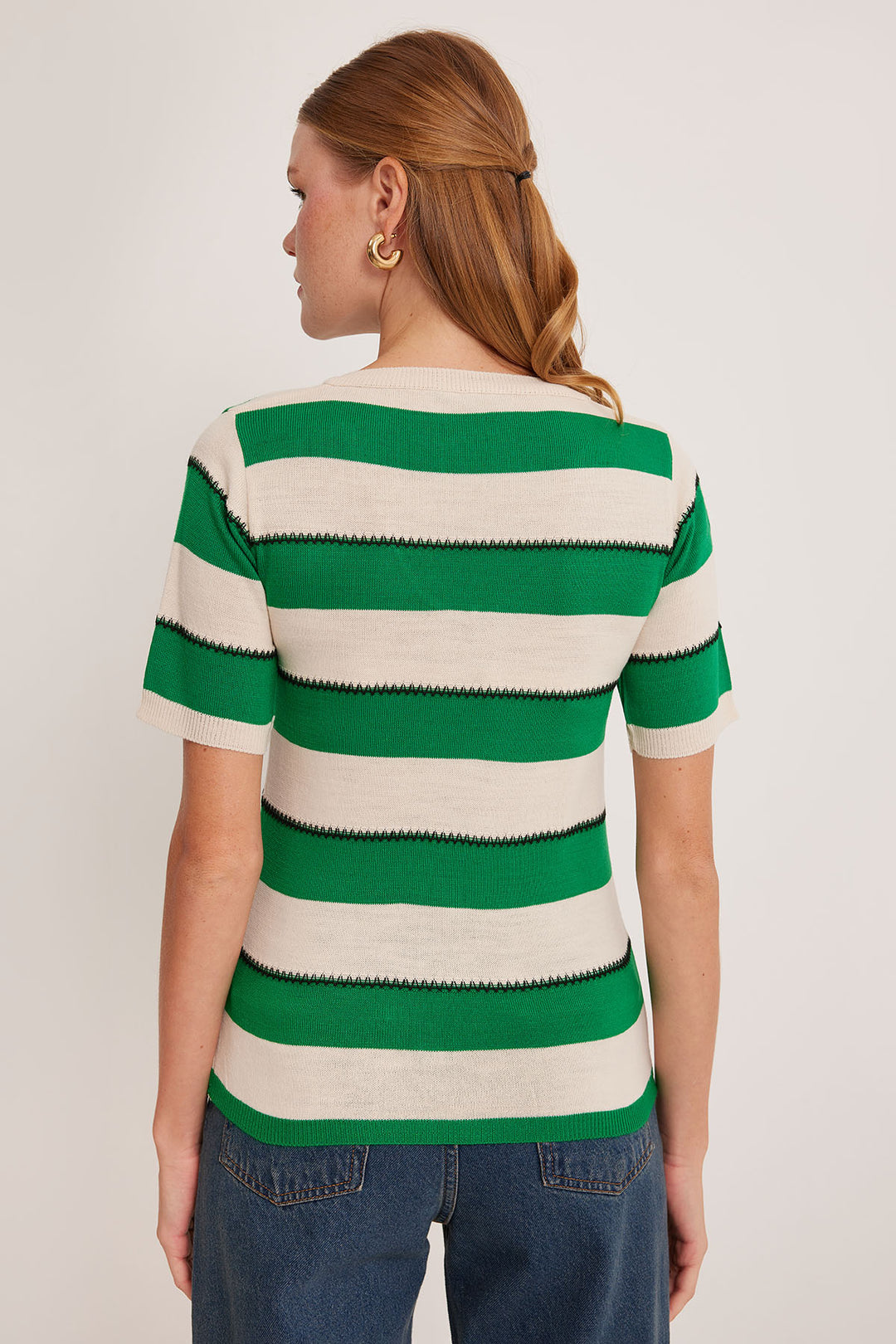 BGD Women Women's V-Neck Green White Striped Blouse 15869 - Avondale