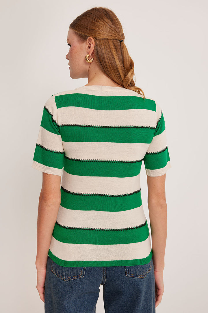 BGD Women Women's V-Neck Green White Striped Blouse 15869 - Avondale
