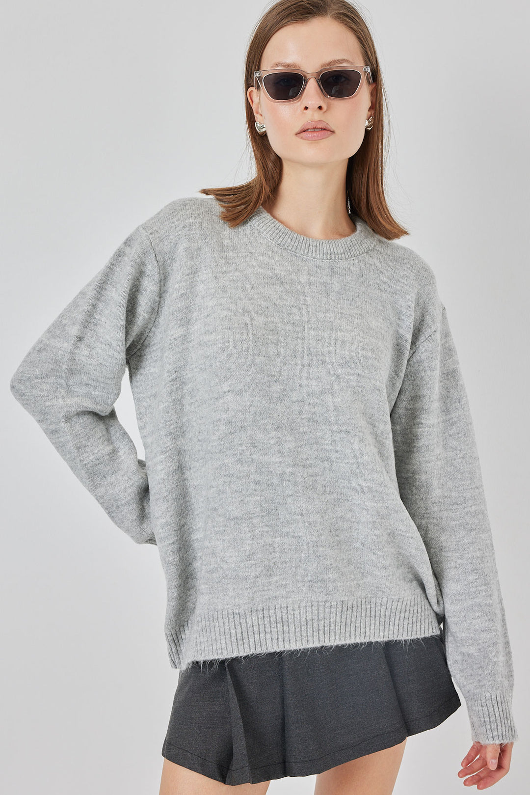 BGD Women Baklava Patterned Oversized Knit Sweater - Plain Gray - Zinacantepec