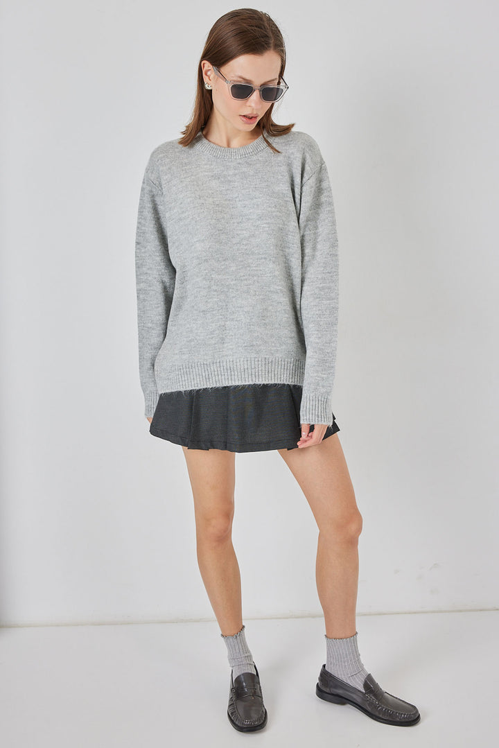 BGD Women Baklava Patterned Oversized Knit Sweater - Plain Gray - Zinacantepec
