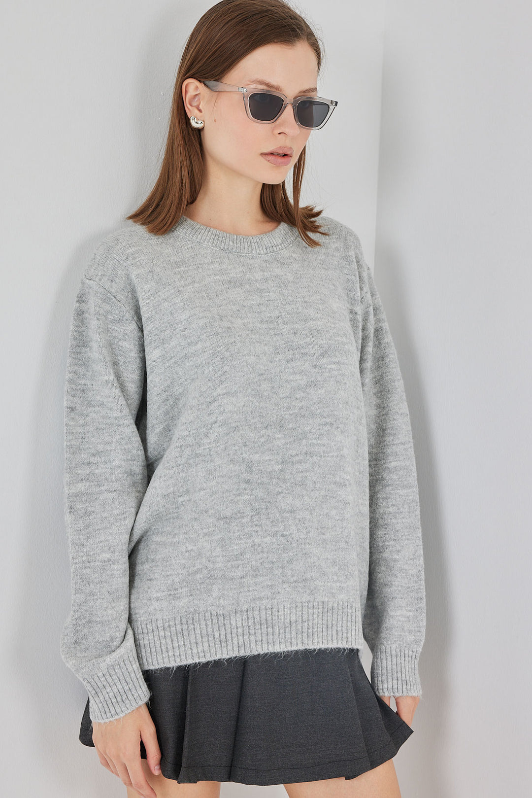 BGD Women Baklava Patterned Oversized Knit Sweater - Plain Gray - Zinacantepec