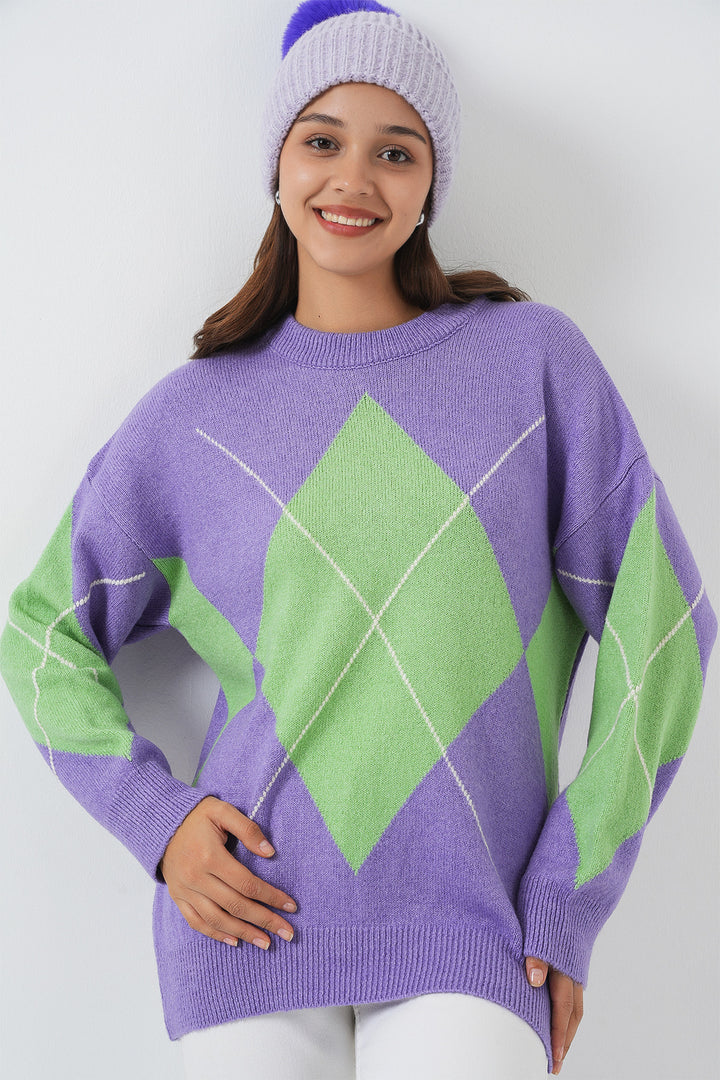 BGD Women Baklava Patterned Oversized Sweater - Lilac - Landau