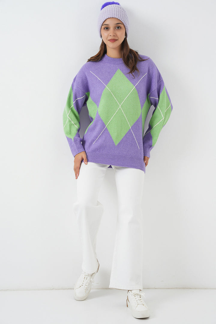 BGD Women Baklava Patterned Oversized Sweater - Lilac - Landau