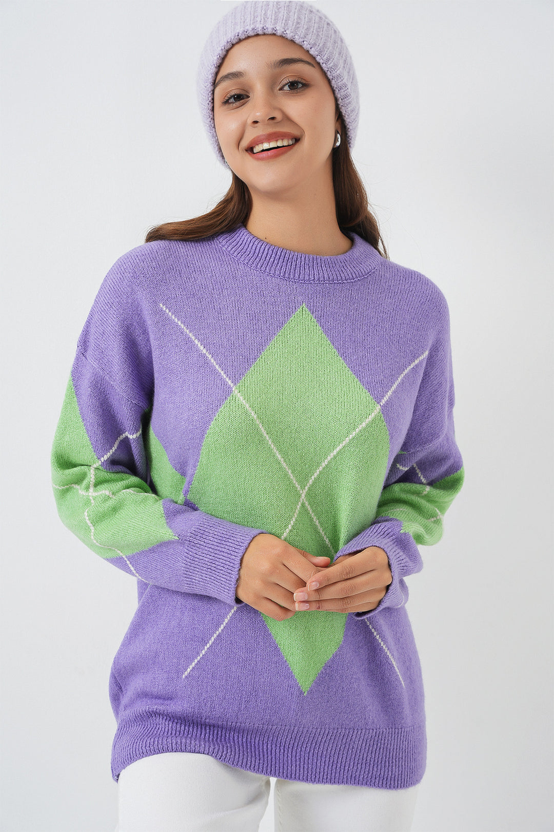 BGD Women Baklava Patterned Oversized Sweater - Lilac - Landau