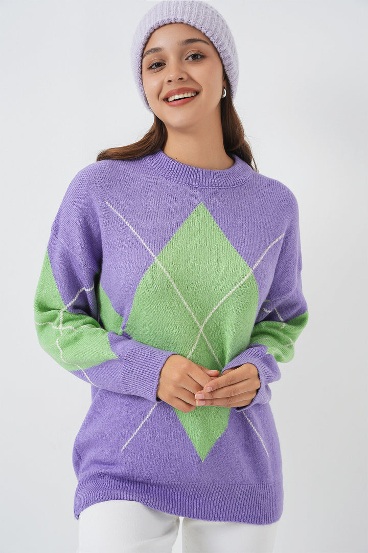 BGD Women Baklava Patterned Oversized Sweater - Lilac - Landau