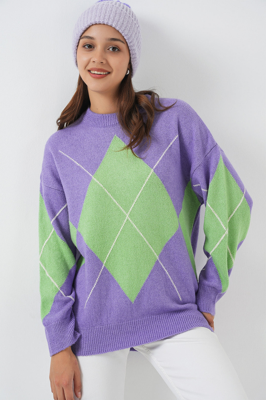BGD Women Baklava Patterned Oversized Sweater - Lilac - Landau