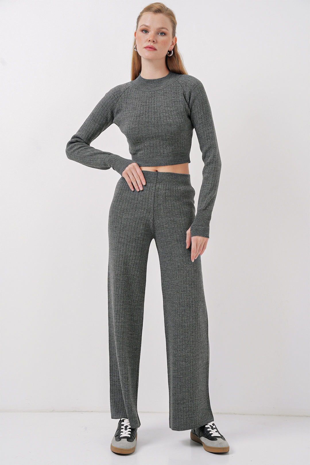 BGD Women Women's Crop Sweater Pants Knitwear Set - Smoke Gray - Pombal