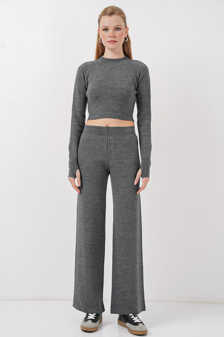 BGD Women Women's Crop Sweater Pants Knitwear Set - Smoke Gray - Pombal