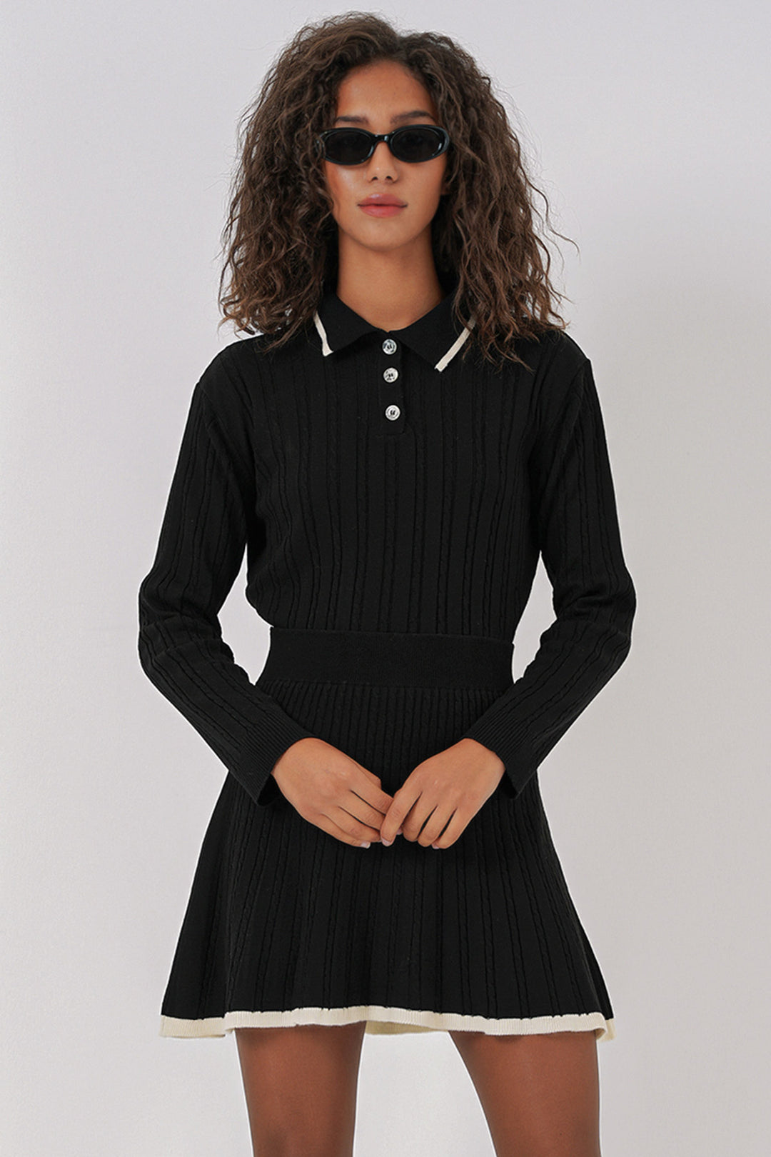 BGD Women Women's Polo Neck Sweater Skirt Knitwear Set - Black - Quimper