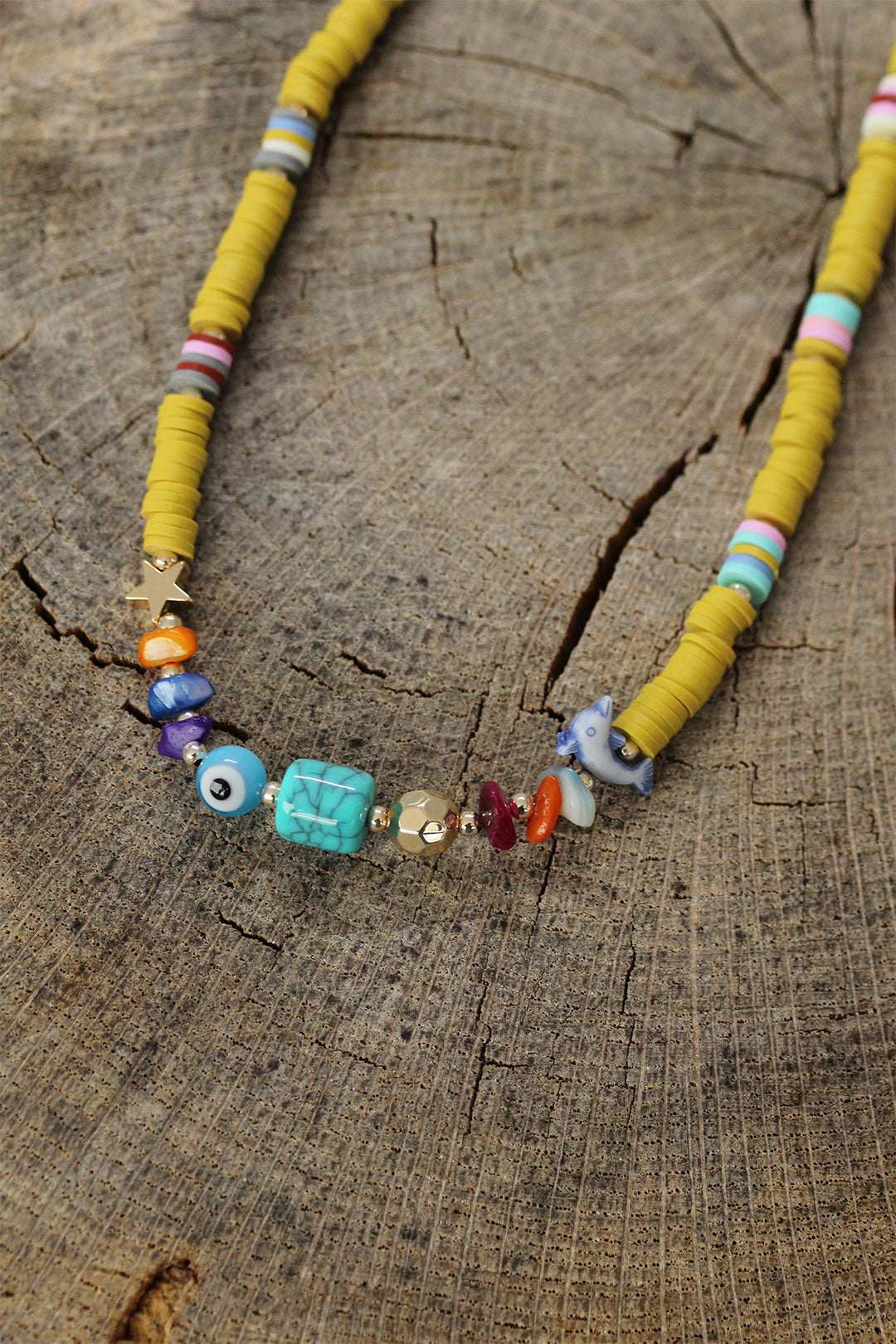 EBJ Yellow Beaded Blue Natural Stone Detailed Necklace - San Remo