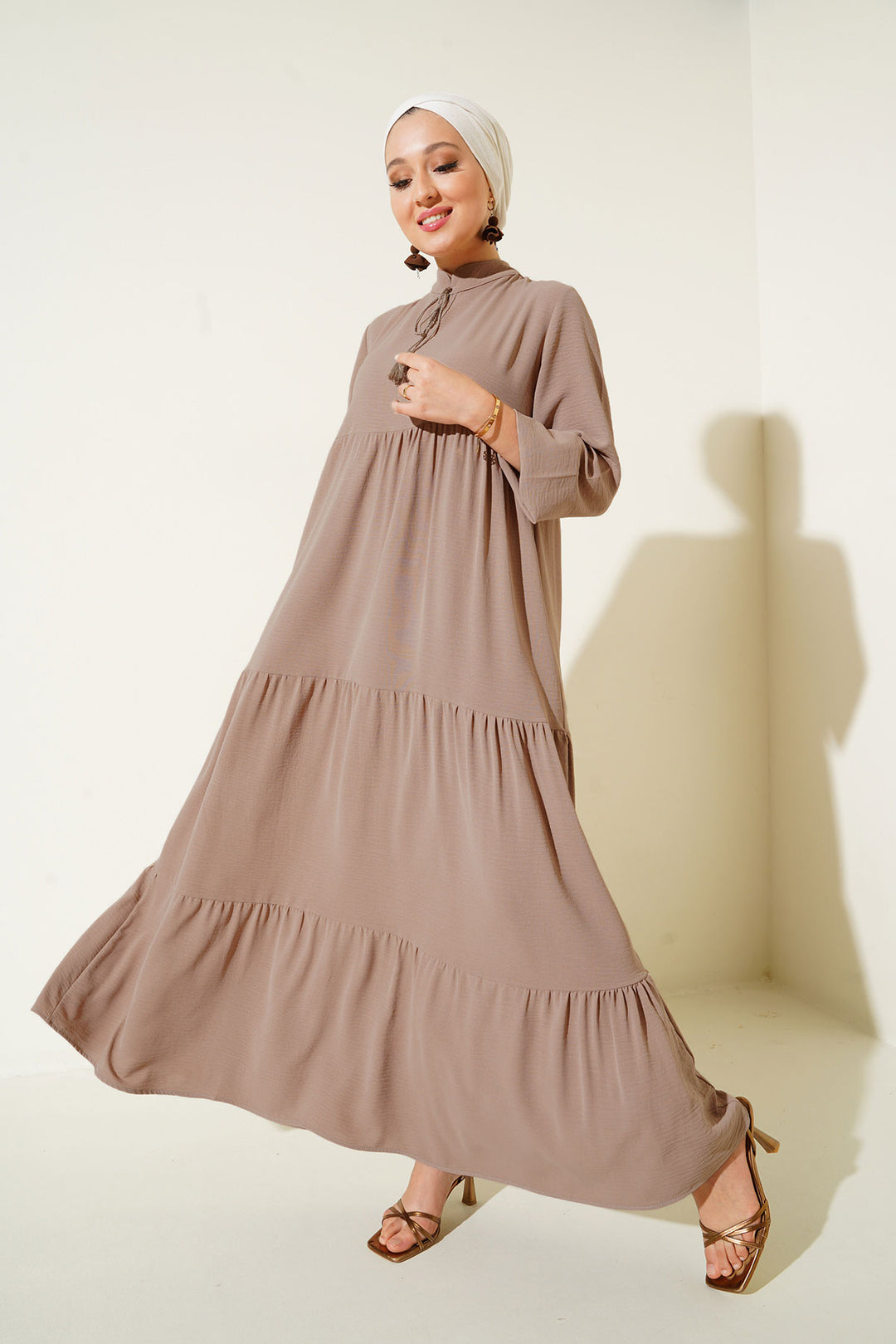 BGD Women Tie Neck Hijab Dress - Light Beige - Terrebonne