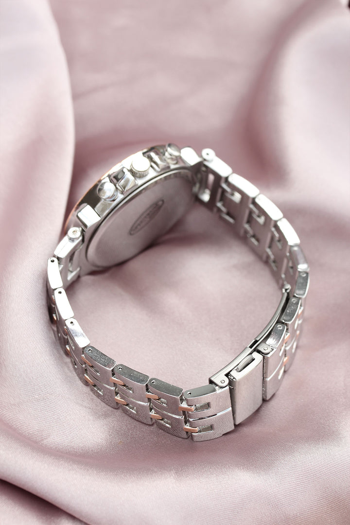 EBJ Women's Watch with Silver Metal Strap, Rose Zircon Stone Case Design - La Roche-sur-Yon