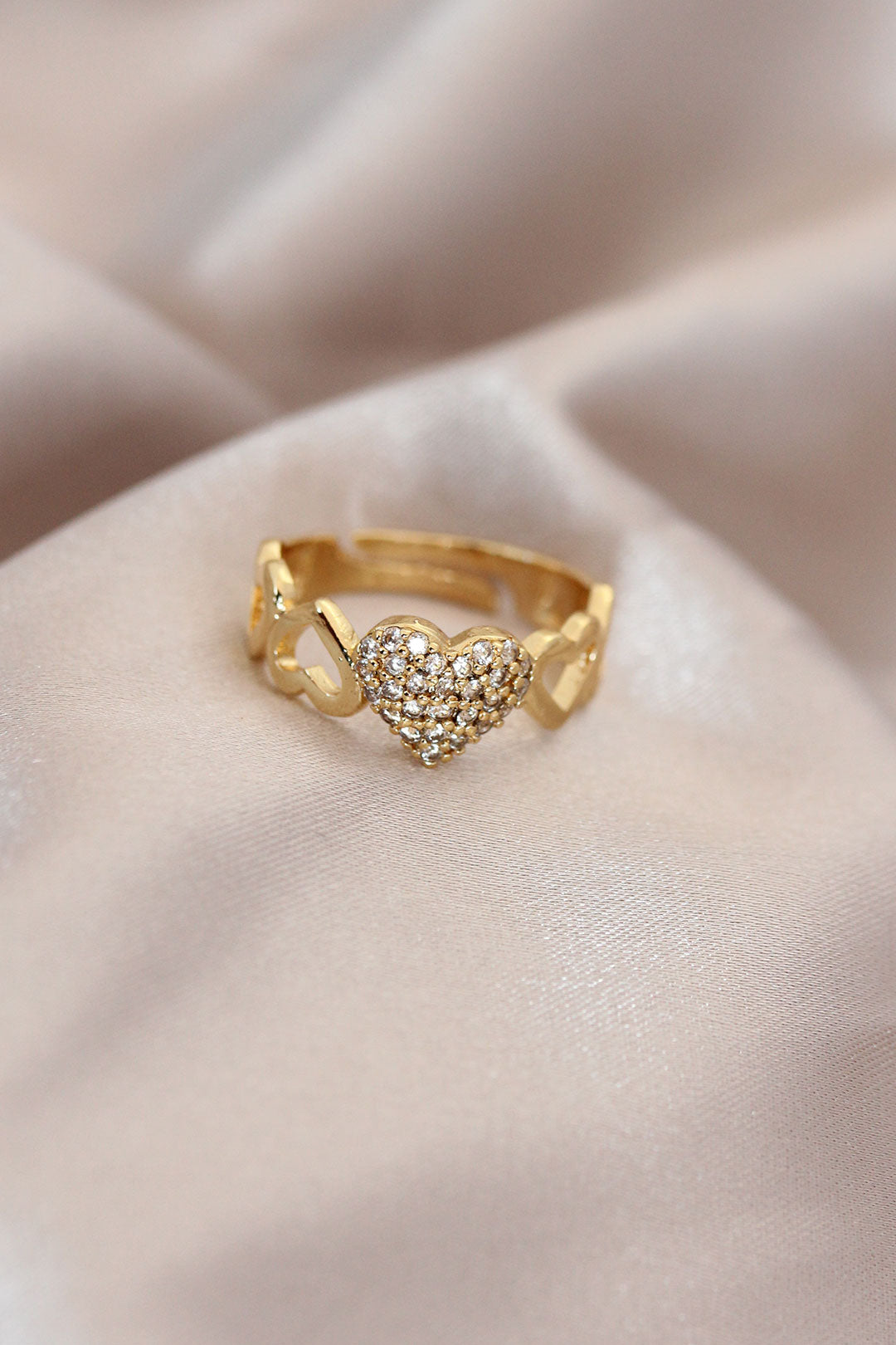EBJ Adjustable Gold Color Metal Ring with Zircon Stone Embellished Domed Heart Design - Yajalón
