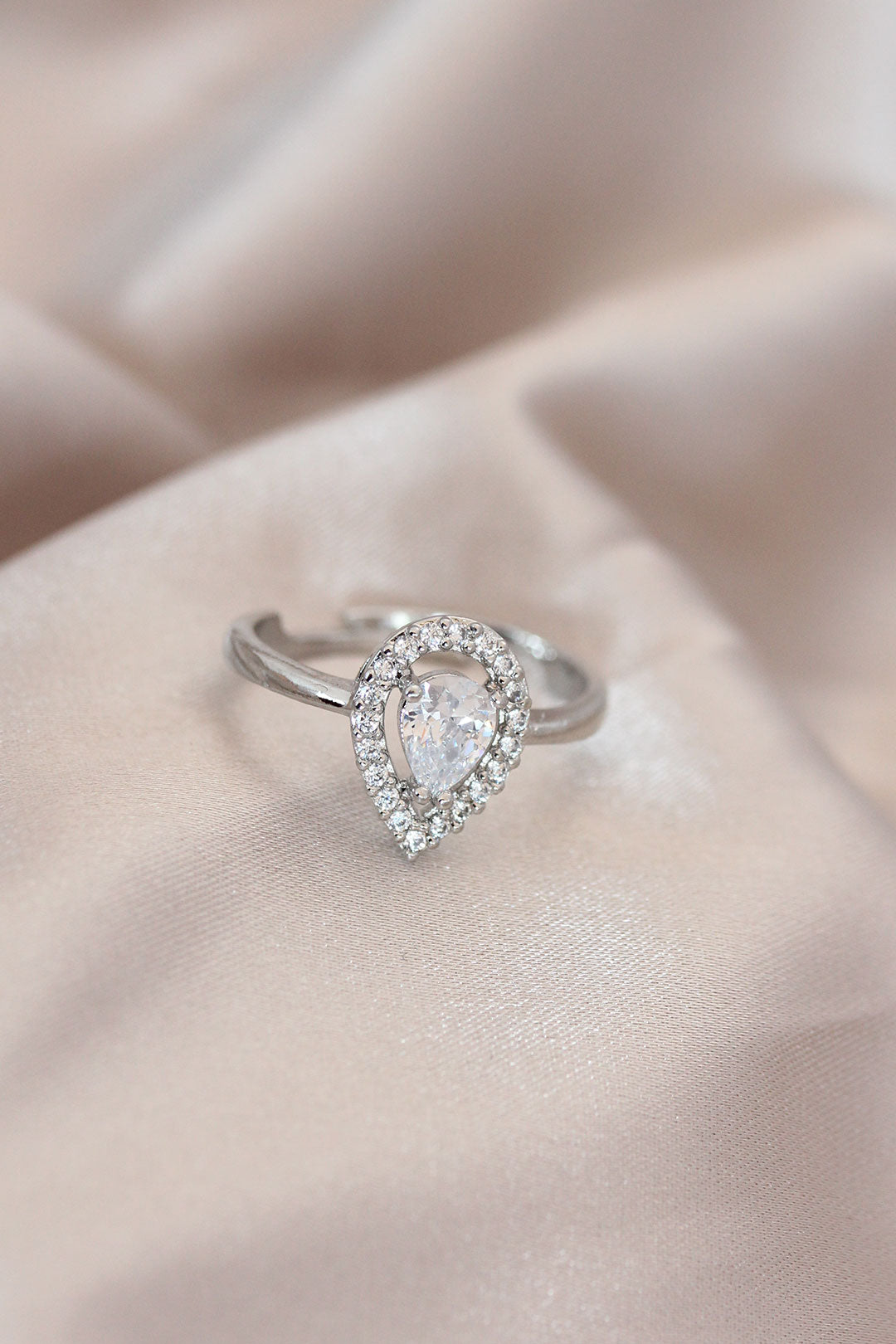 EBJ Adjustable Silver Color Metal Ring with Zircon and Crystal Stones in Drop Design - Vienna