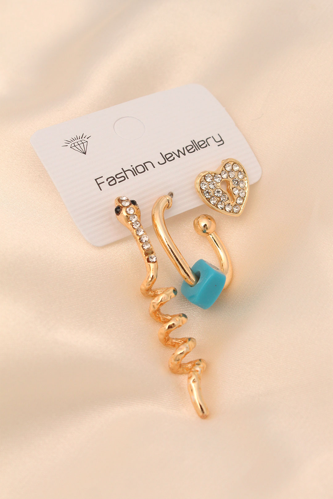 EBJ Gold Color Metal Snake and Heart Detailed Earring Set with Zircon Stone - Bietigheim-Bissingen