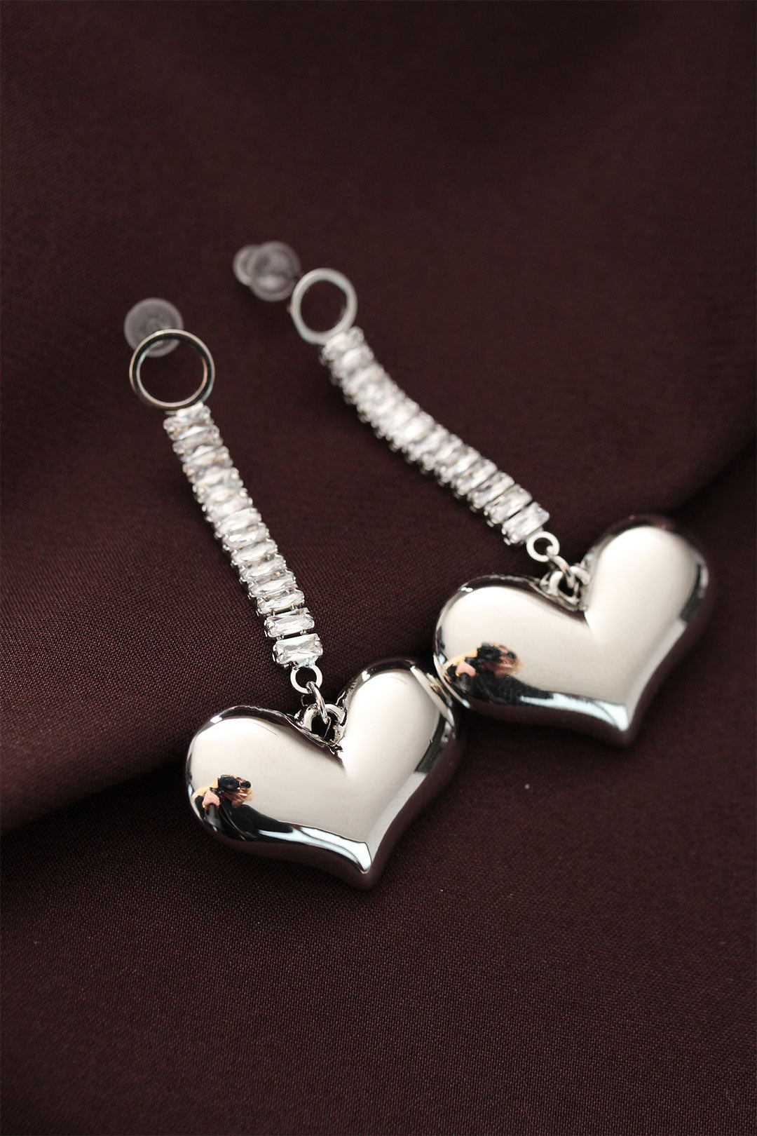 EBJ Steel Silver Color Baguette Stone Heart Earrings - Tinley Park