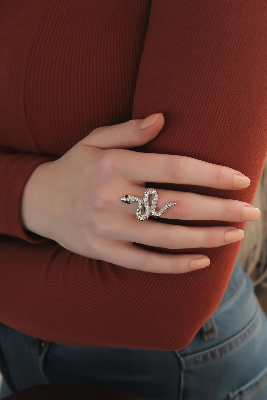 EBJ Adjustable Silver Color Snake Ring with Zircon Stone - Fushë Kosovë