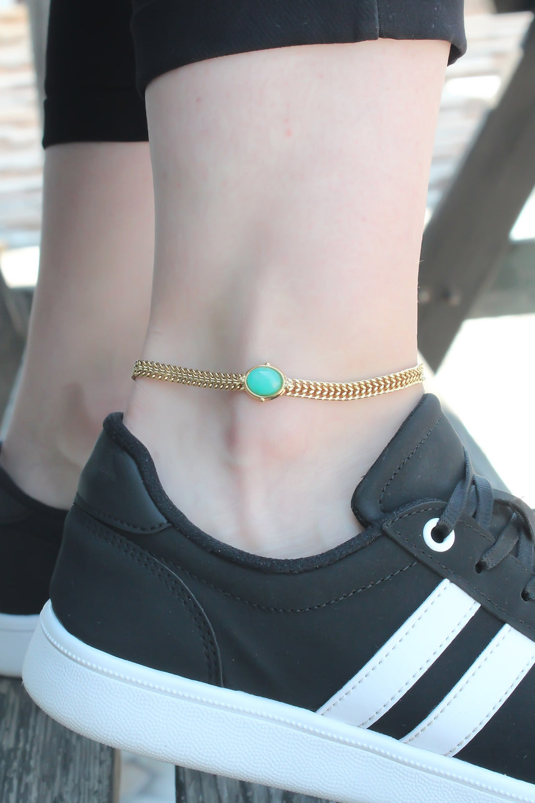 EBJ Water Green Bead Steel Gold Color Chain Anklet - Berchem